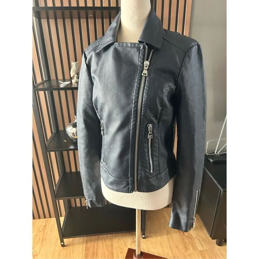 Express faux leather dark blue jacket size small motto rock like style
